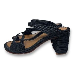 Carrie Forbes Handmade Black‎ Woven Raffia Block Heel Sandals Women's Size 37